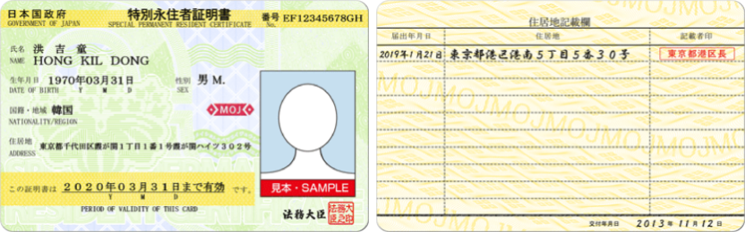 特別永住者証明書（表裏）