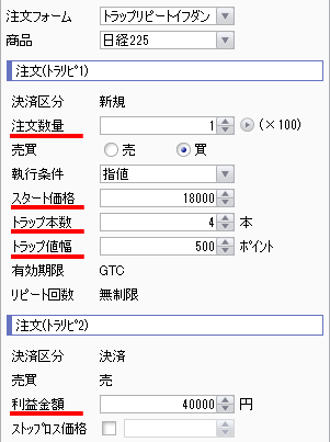 注文フォームにある用語「注文数量」「スタート価格」「トラップ本数」「トラップ値幅」「利益金額」