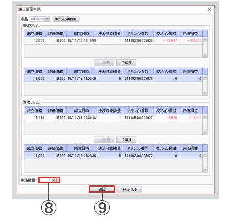 PC取引ツール建玉整理申請