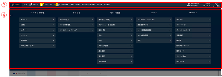 取引画面メニュー